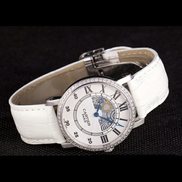 Cartier Moonphase Silver Watch with White Leather Band new59462
