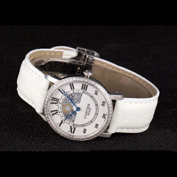 Cartier Moonphase Silver Watch with White Leather Band new59462
