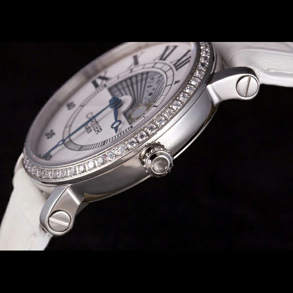 Cartier Moonphase Silver Watch with White Leather Band new59462