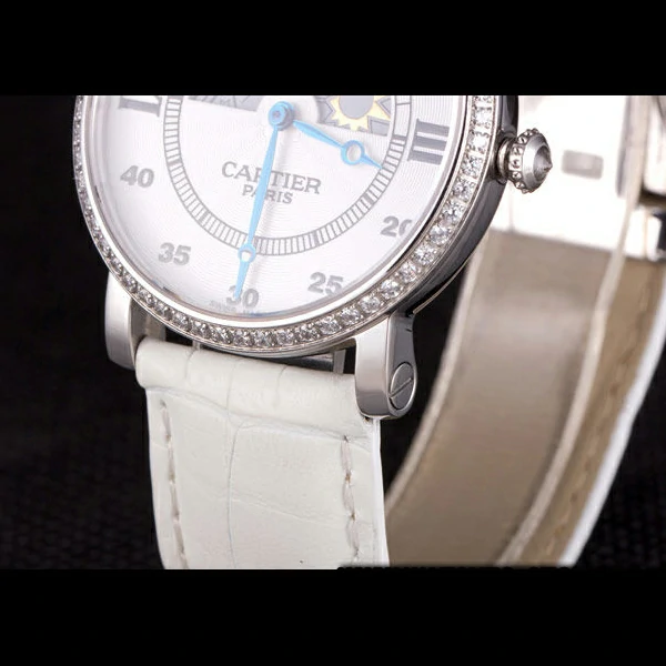 Cartier Moonphase Silver Watch with White Leather Band new59462