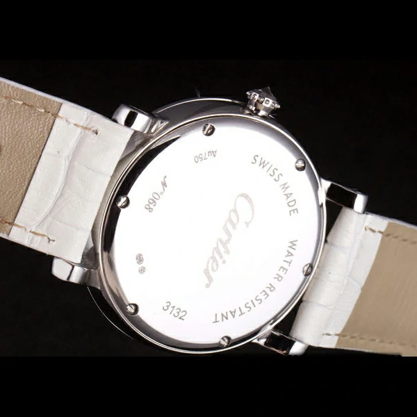 Cartier Moonphase Silver Watch with White Leather Band new59462