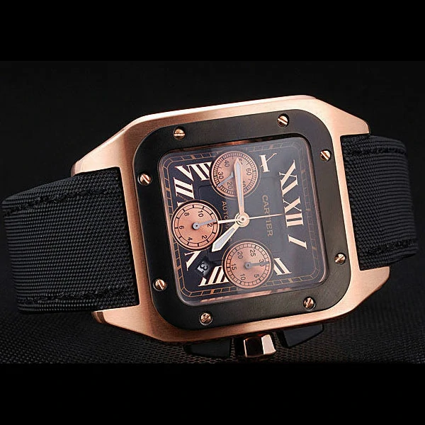 Cartier Santos Rose Gold Bezel with Black Dial and Black Fabric Strap new59616