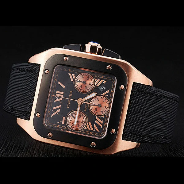 Cartier Santos Rose Gold Bezel with Black Dial and Black Fabric Strap new59616