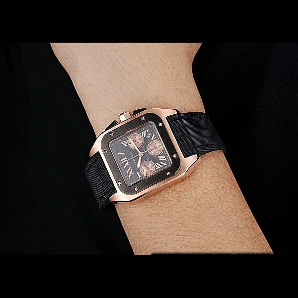 Cartier Santos Rose Gold Bezel with Black Dial and Black Fabric Strap new59616