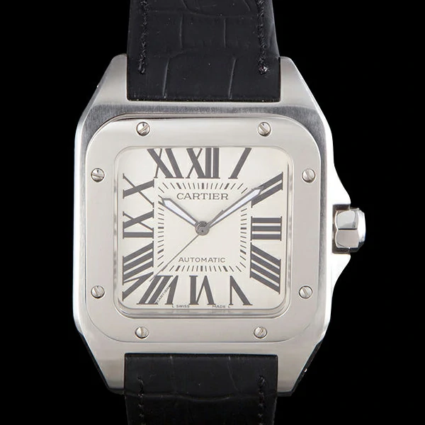 Cartier Santos Stainless Steel Bezel with Black Leather Strap new59617