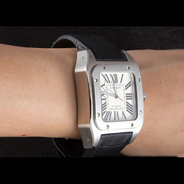 Cartier Santos Stainless Steel Bezel with Black Leather Strap new59617