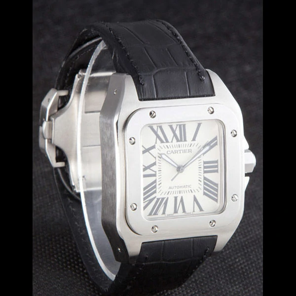Cartier Santos Stainless Steel Bezel with Black Leather Strap new59617