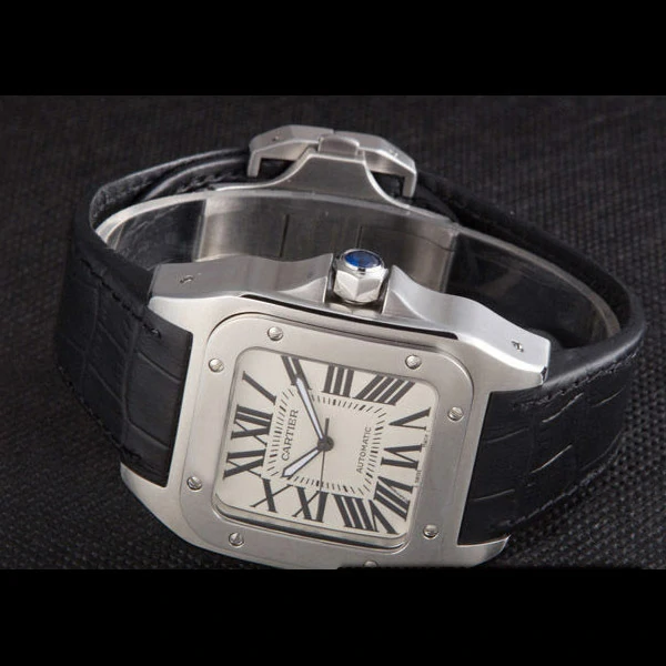 Cartier Santos Stainless Steel Bezel with Black Leather Strap new59617