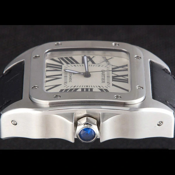 Cartier Santos Stainless Steel Bezel with Black Leather Strap new59617