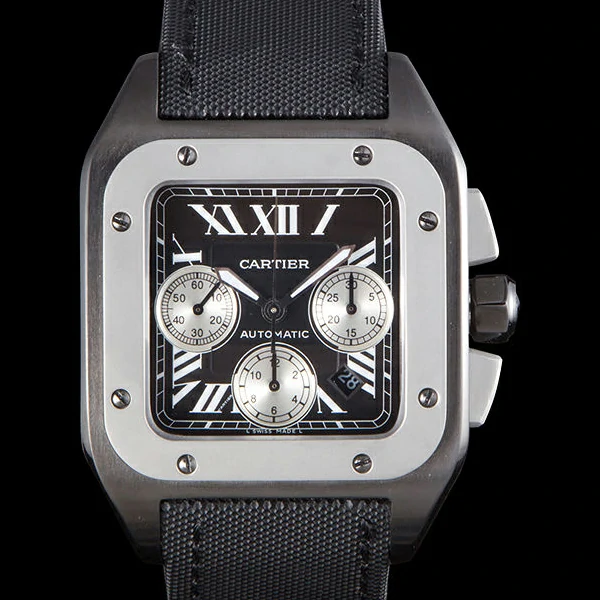 Cartier Santos Two Tone Bezel with Black Dial and Black Fabric Strap new59618