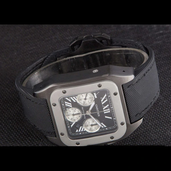 Cartier Santos Two Tone Bezel with Black Dial and Black Fabric Strap new59618