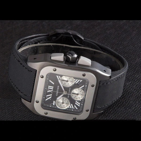 Cartier Santos Two Tone Bezel with Black Dial and Black Fabric Strap new59618