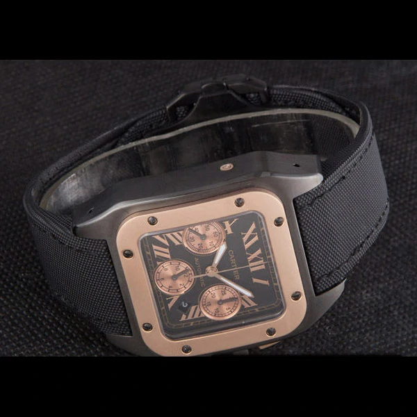 Cartier Santos Rose Gold Bezel with Black Dial and Black Fabric Strap new59619