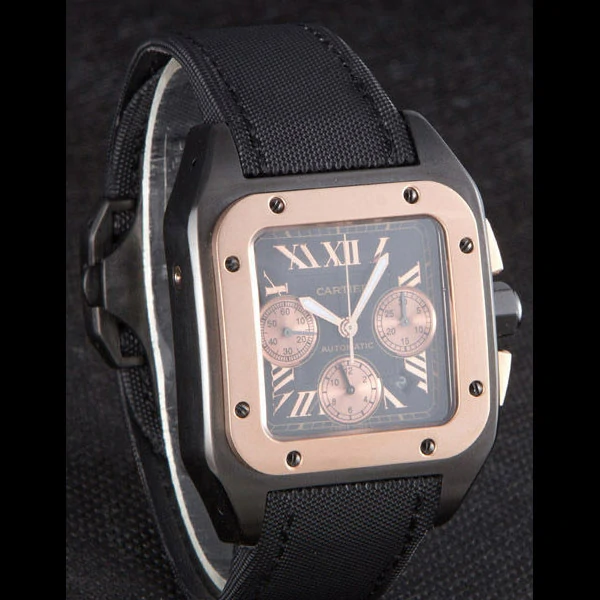 Cartier Santos Rose Gold Bezel with Black Dial and Black Fabric Strap new59619