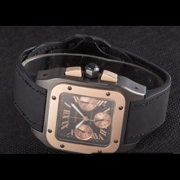 Cartier Santos Rose Gold Bezel with Black Dial and Black Fabric Strap new59619