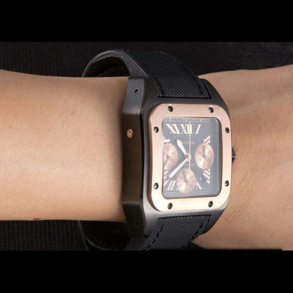 Cartier Santos Rose Gold Bezel with Black Dial and Black Fabric Strap new59619