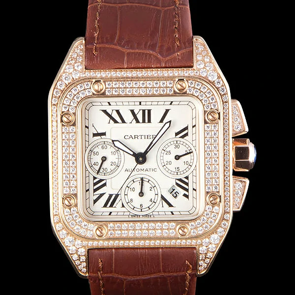 Cartier Santos Rose Gold Bezel with Diamonds and Brown Leather Strap new59620