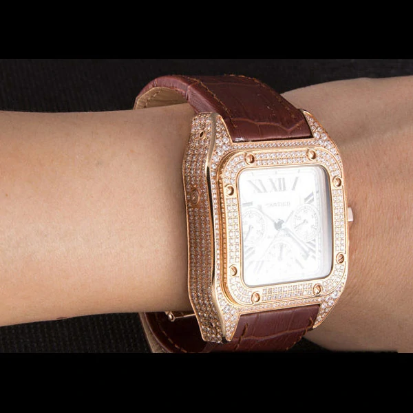 Cartier Santos Rose Gold Bezel with Diamonds and Brown Leather Strap new59620