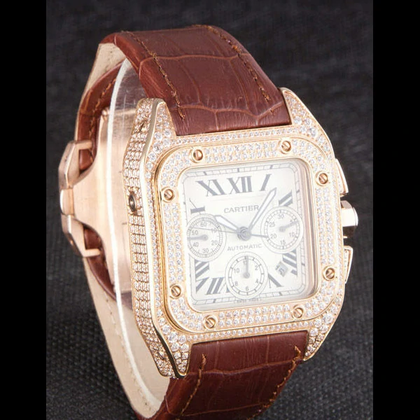 Cartier Santos Rose Gold Bezel with Diamonds and Brown Leather Strap new59620