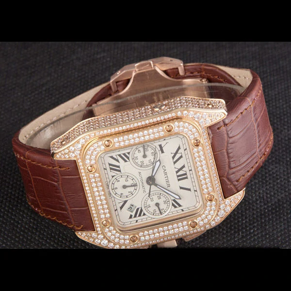 Cartier Santos Rose Gold Bezel with Diamonds and Brown Leather Strap new59620