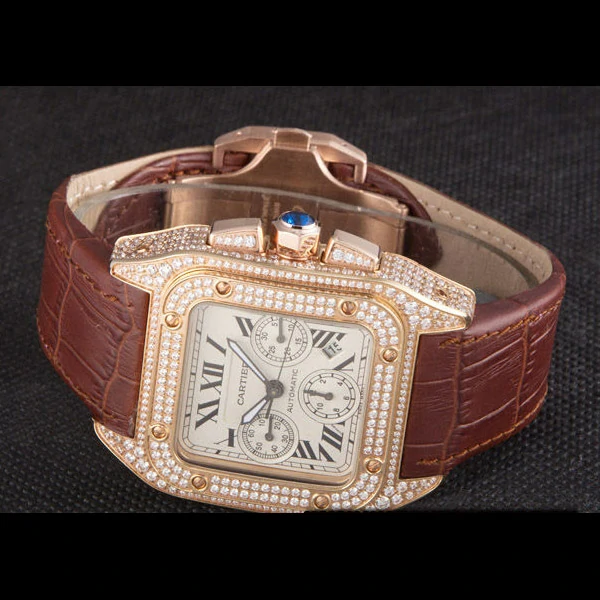 Cartier Santos Rose Gold Bezel with Diamonds and Brown Leather Strap new59620