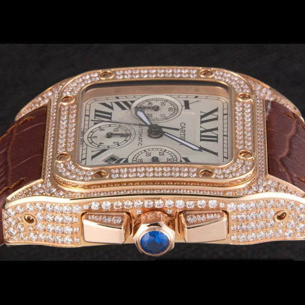 Cartier Santos Rose Gold Bezel with Diamonds and Brown Leather Strap new59620