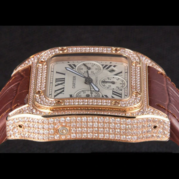 Cartier Santos Rose Gold Bezel with Diamonds and Brown Leather Strap new59620