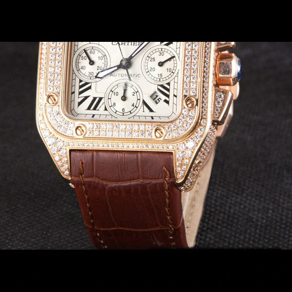 Cartier Santos Rose Gold Bezel with Diamonds and Brown Leather Strap new59620