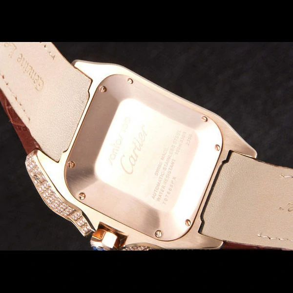 Cartier Santos Rose Gold Bezel with Diamonds and Brown Leather Strap new59620