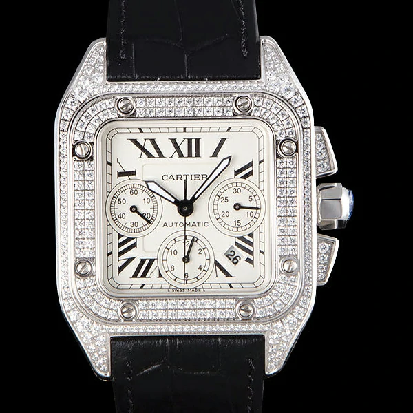 Cartier Santos Silver Bezel with Diamonds and Black Leather Strap new59621