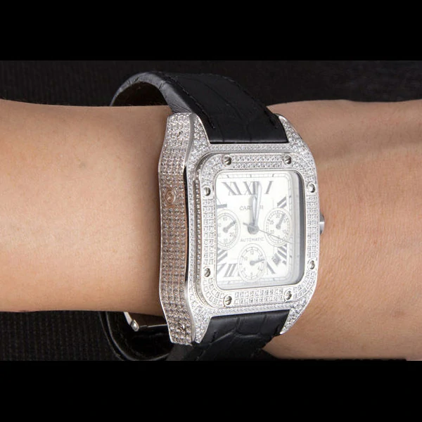 Cartier Santos Silver Bezel with Diamonds and Black Leather Strap new59621