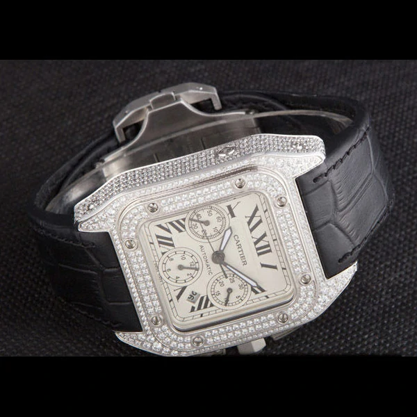 Cartier Santos Silver Bezel with Diamonds and Black Leather Strap new59621