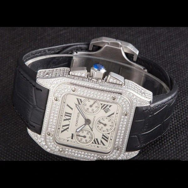 Cartier Santos Silver Bezel with Diamonds and Black Leather Strap new59621