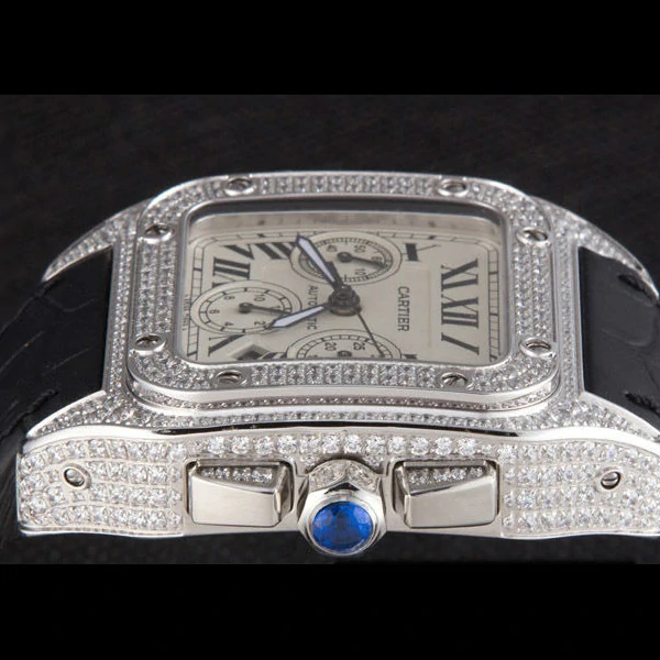 Cartier Santos Silver Bezel with Diamonds and Black Leather Strap new59621