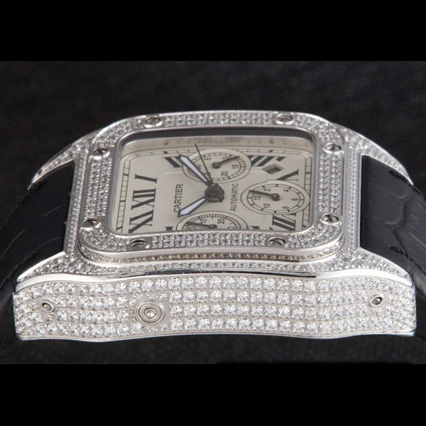 Cartier Santos Silver Bezel with Diamonds and Black Leather Strap new59621