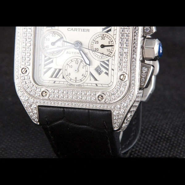 Cartier Santos Silver Bezel with Diamonds and Black Leather Strap new59621