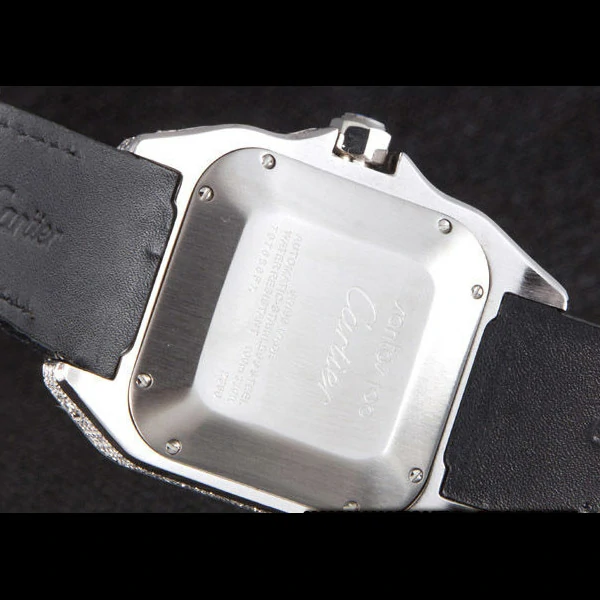 Cartier Santos Silver Bezel with Diamonds and Black Leather Strap new59621