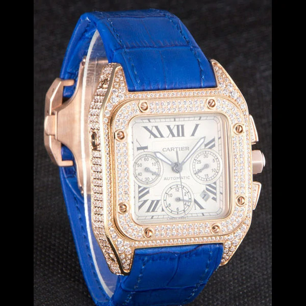 Cartier Santos Rose Gold Bezel with Diamonds and Blue Leather Strap new59622