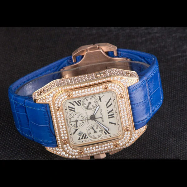Cartier Santos Rose Gold Bezel with Diamonds and Blue Leather Strap new59622