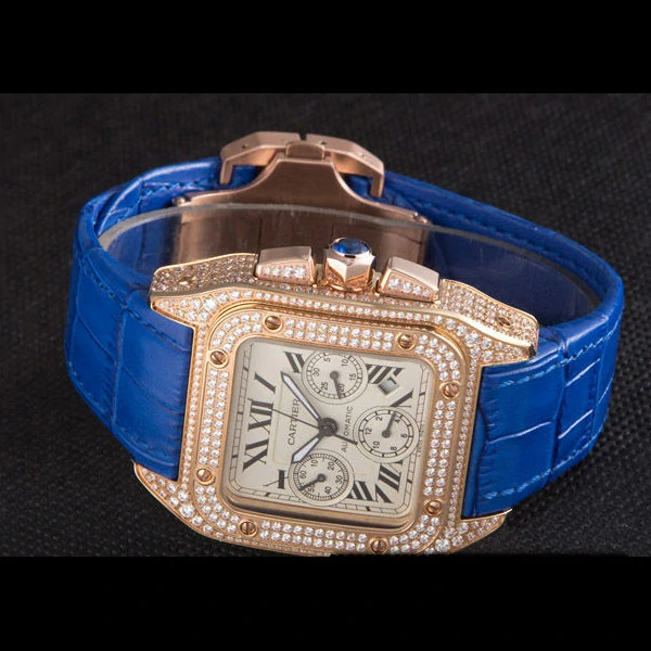 Cartier Santos Rose Gold Bezel with Diamonds and Blue Leather Strap new59622