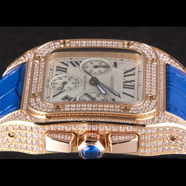 Cartier Santos Rose Gold Bezel with Diamonds and Blue Leather Strap new59622