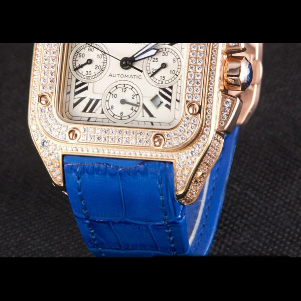 Cartier Santos Rose Gold Bezel with Diamonds and Blue Leather Strap new59622