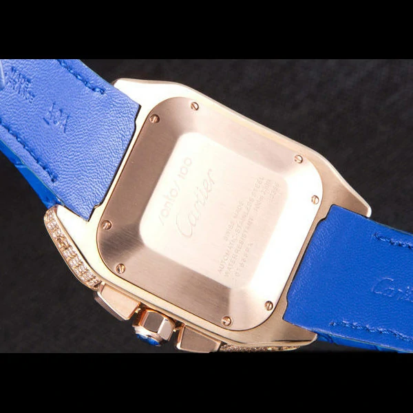 Cartier Santos Rose Gold Bezel with Diamonds and Blue Leather Strap new59622