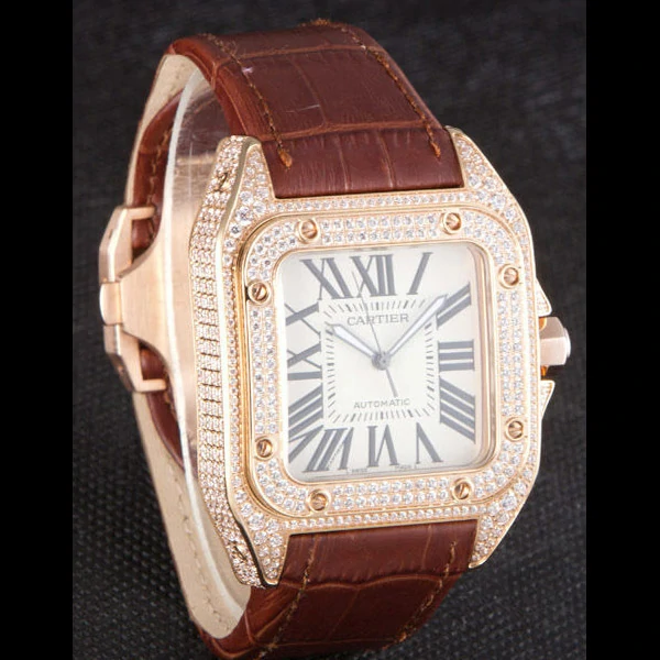 Cartier Santos Rose Gold Bezel with Diamonds and Brown Leather Strap new59623