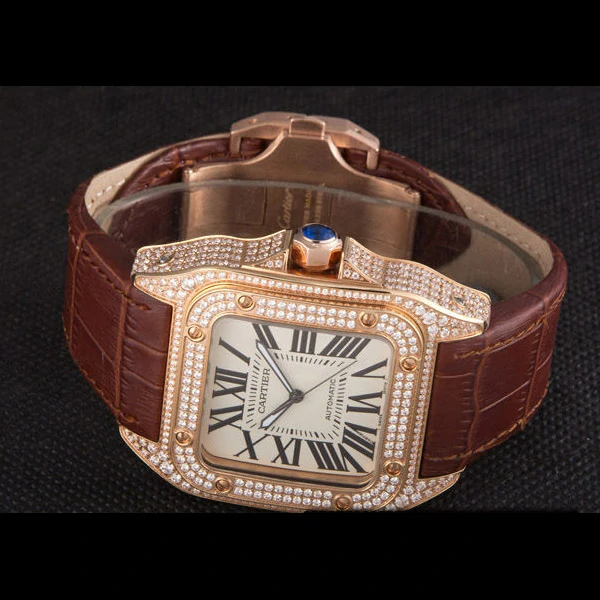 Cartier Santos Rose Gold Bezel with Diamonds and Brown Leather Strap new59623