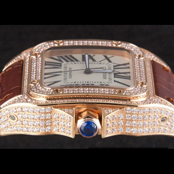Cartier Santos Rose Gold Bezel with Diamonds and Brown Leather Strap new59623