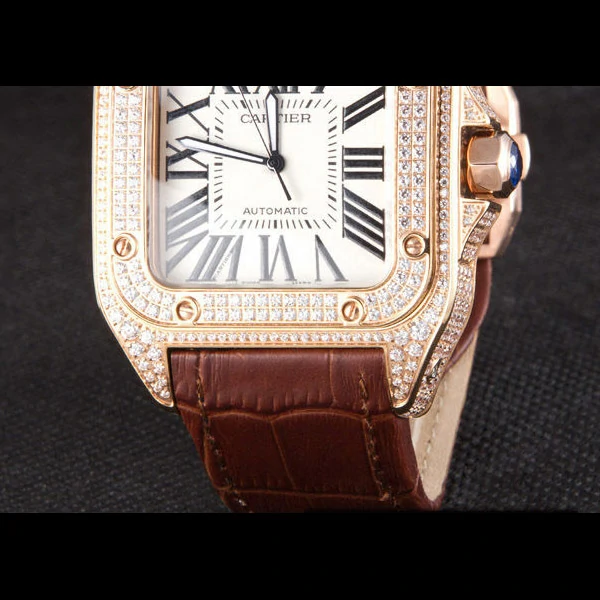 Cartier Santos Rose Gold Bezel with Diamonds and Brown Leather Strap new59623