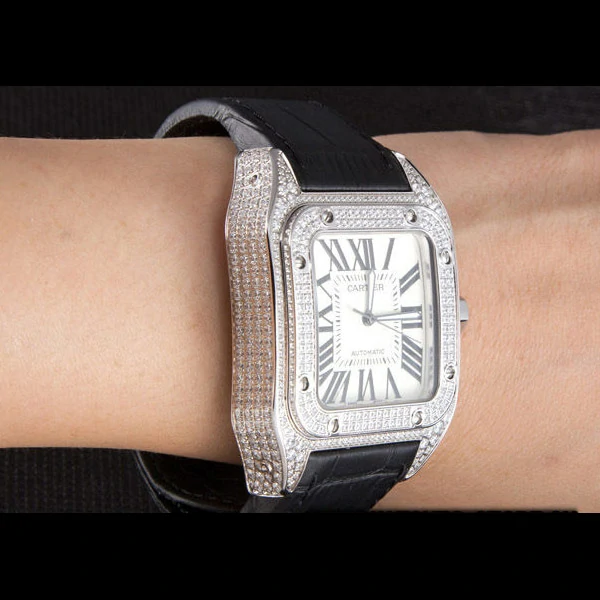 Cartier Santos Silver Bezel with Diamonds and Black Leather Strap new59624