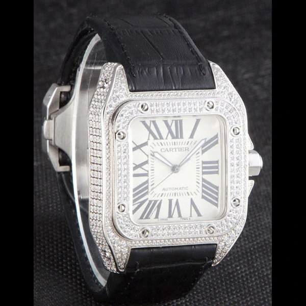 Cartier Santos Silver Bezel with Diamonds and Black Leather Strap new59624