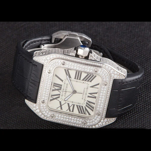 Cartier Santos Silver Bezel with Diamonds and Black Leather Strap new59624